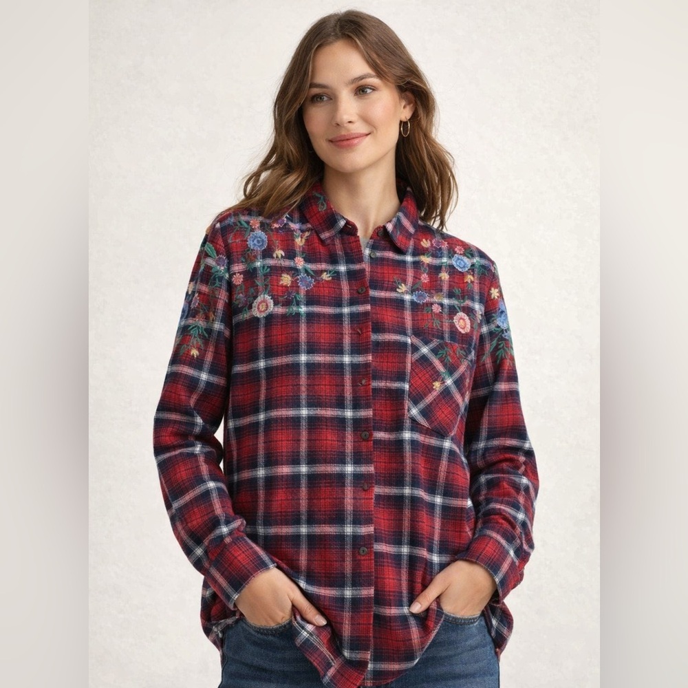Embroidered Plaid Flannel Shirt – Floral Boho Button Down